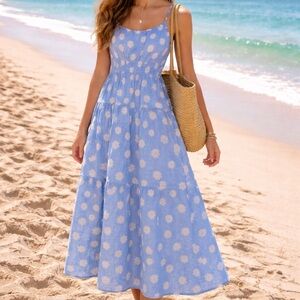 Sundress blue with white daises midi pockets adjustable straps